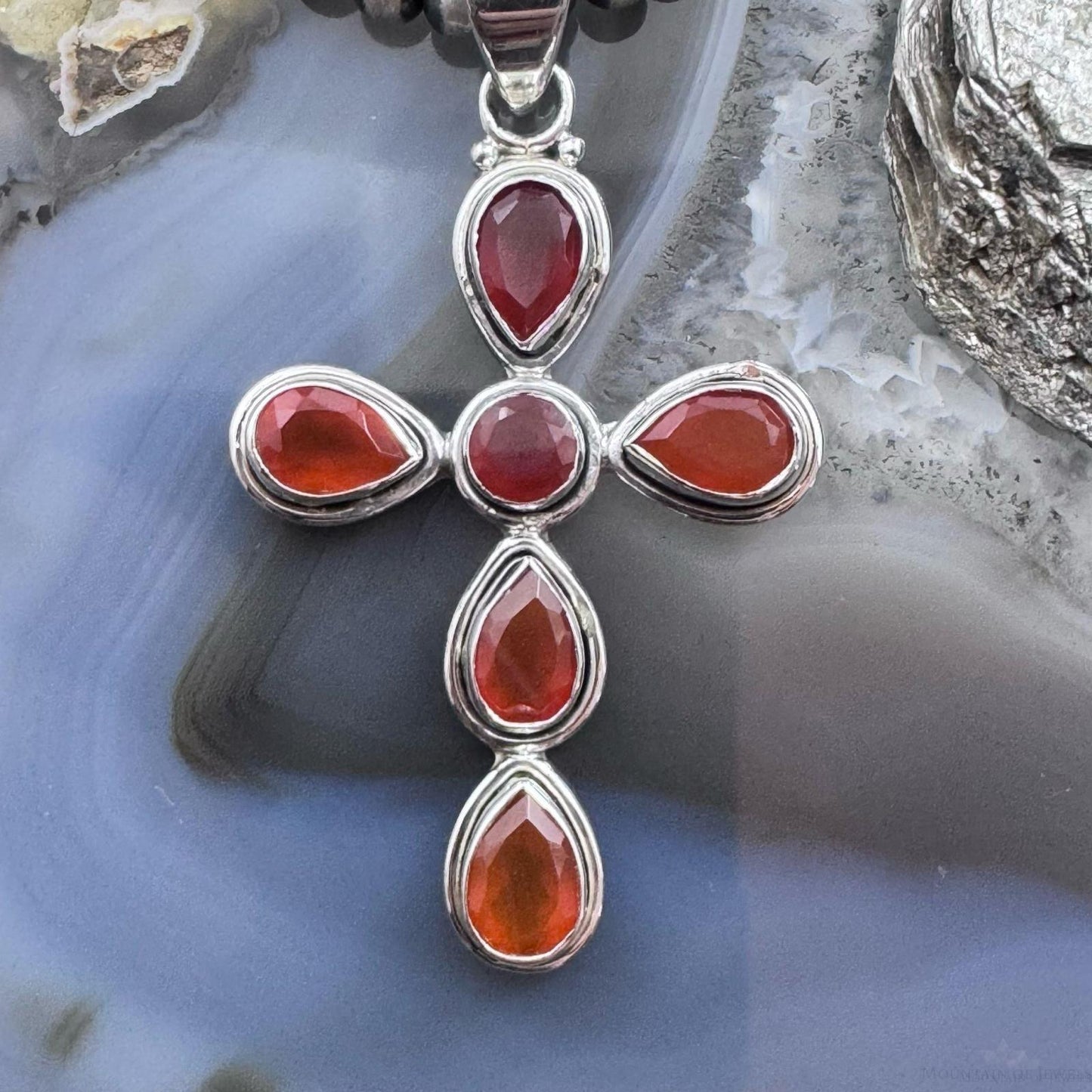 Sterling Silver Southwestern Style Carnelian Decorated Cross Pendant For Women