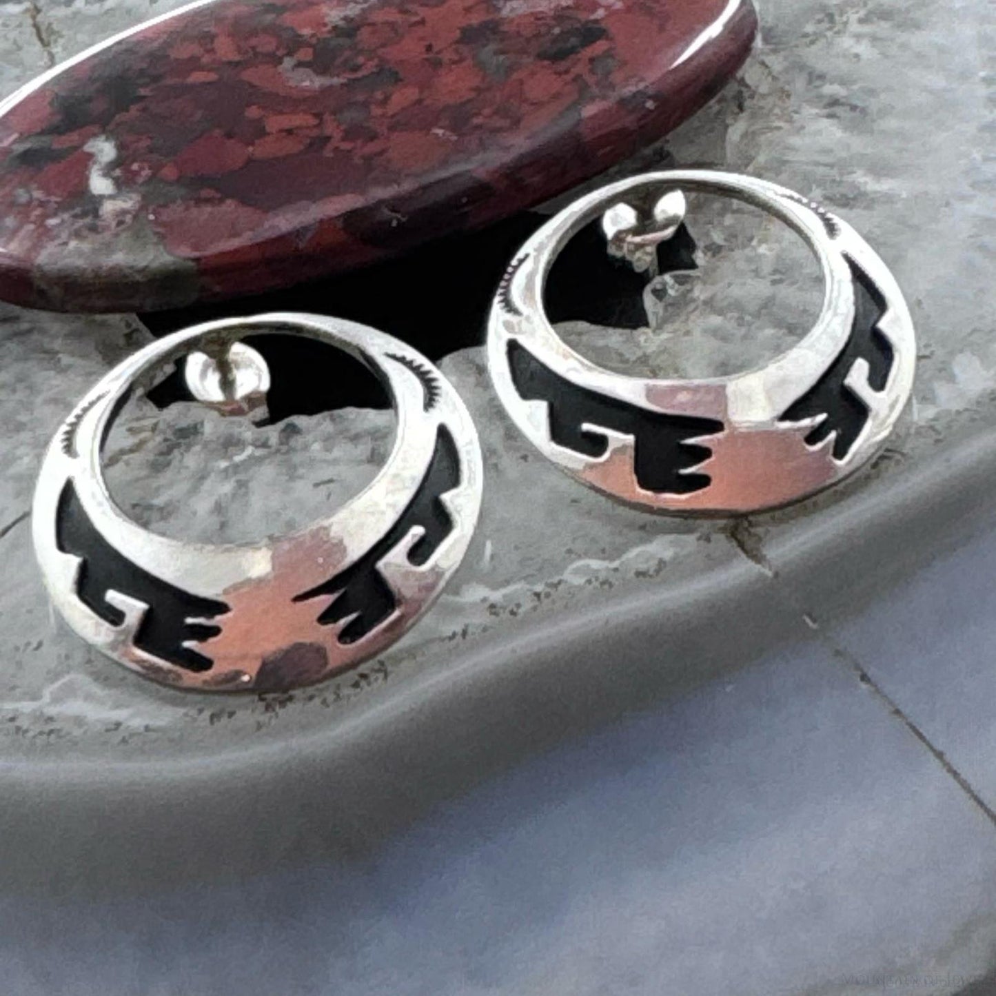 Tommy & Rosita Singer Sterling Silver Overlay Southwestern Motif Hoop Post Earrings For Women
