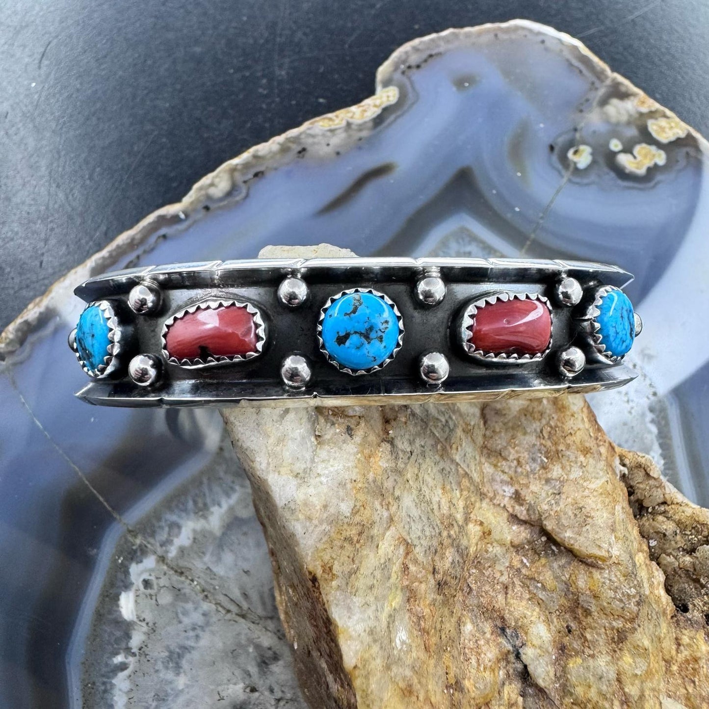 Reed Charley Native American Sterling Silver Turquoise & Coral Row Bracelet For Women