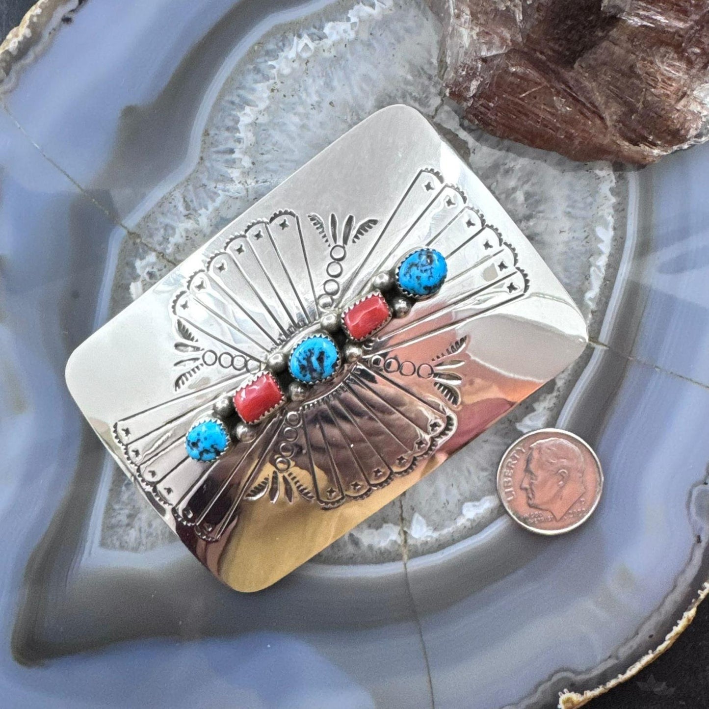 Joann Begay Native American Sterling Silver Turquoise & Coral Stamped Belt Buckle For Men