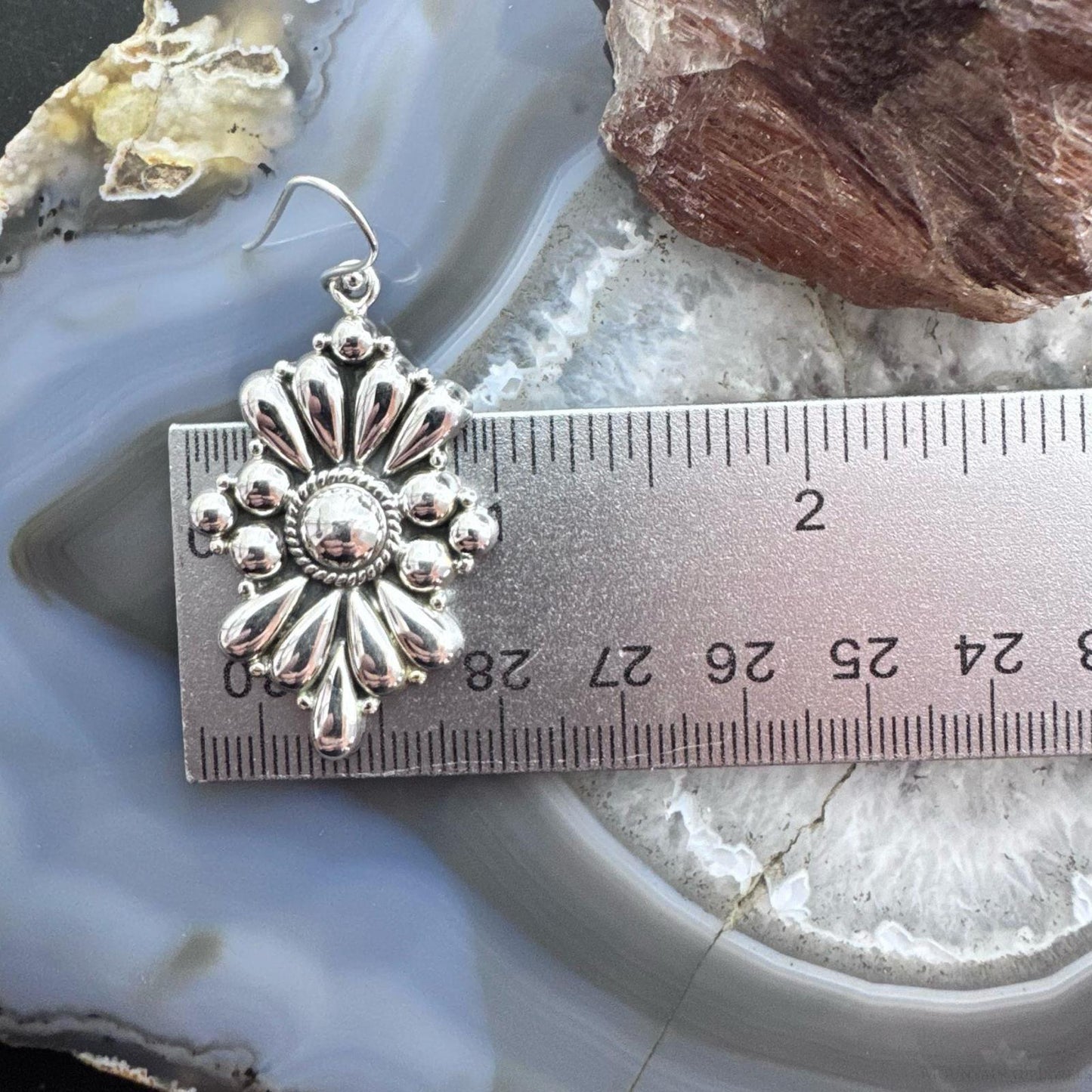 Southwestern Style Sterling Silver Floral Decorated Dangle Earrings For Women