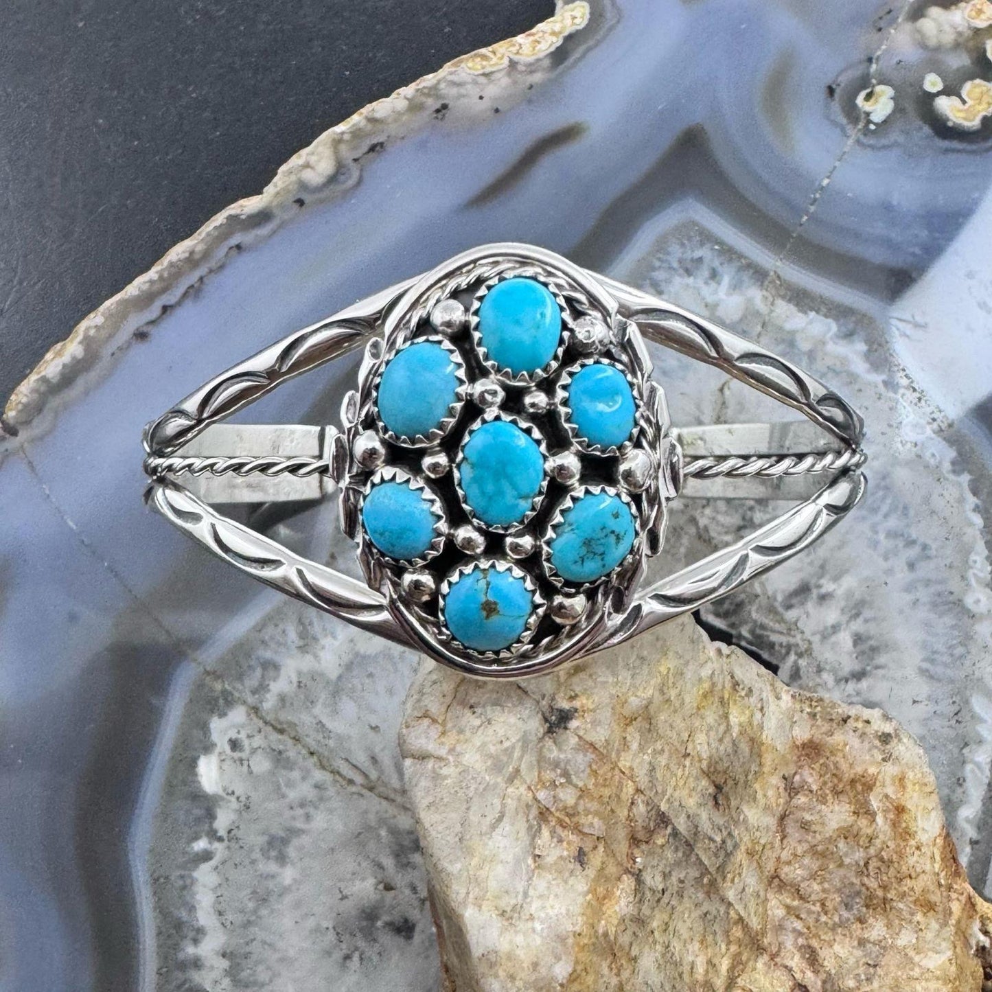 Melvin Chee Native American Sterling Silver KingmanTurquoise Cluster Bracelet For Women