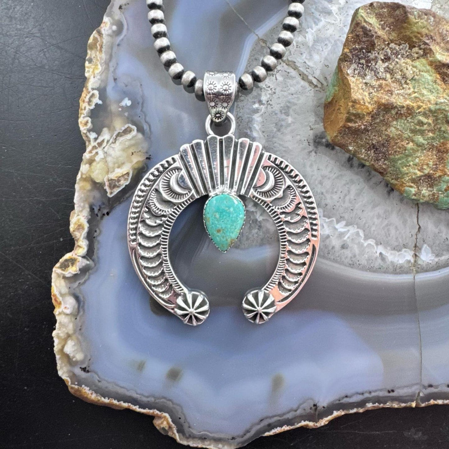 Sterling Silver Southwestern Style Teardrop Turquoise Stamped Naja Uni Pendant