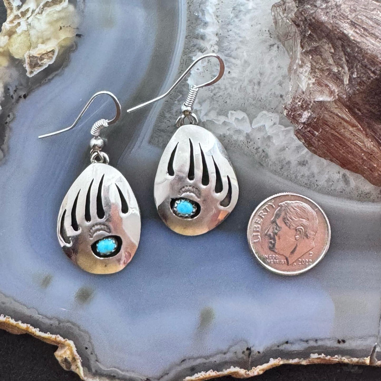 Native American Sterling Silver Bear Claw w/Turquoise Dangle Earrings For Women