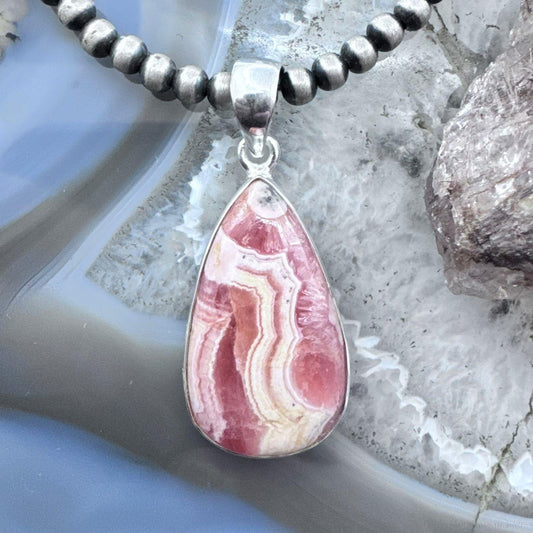 Sterling Silver Southwestern Style Teardrop Rhodochrosite Pendant For Women