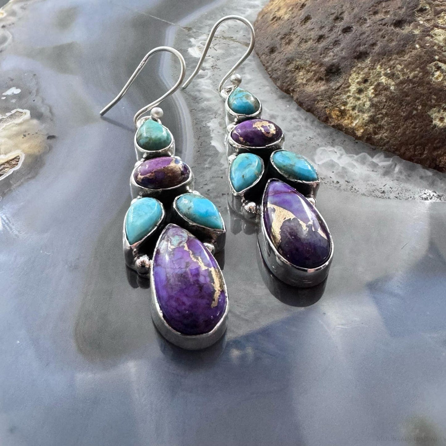 Sterling Silver Southwestern Style Turquoise & Purple Dahlia Dangle Earrings For Women