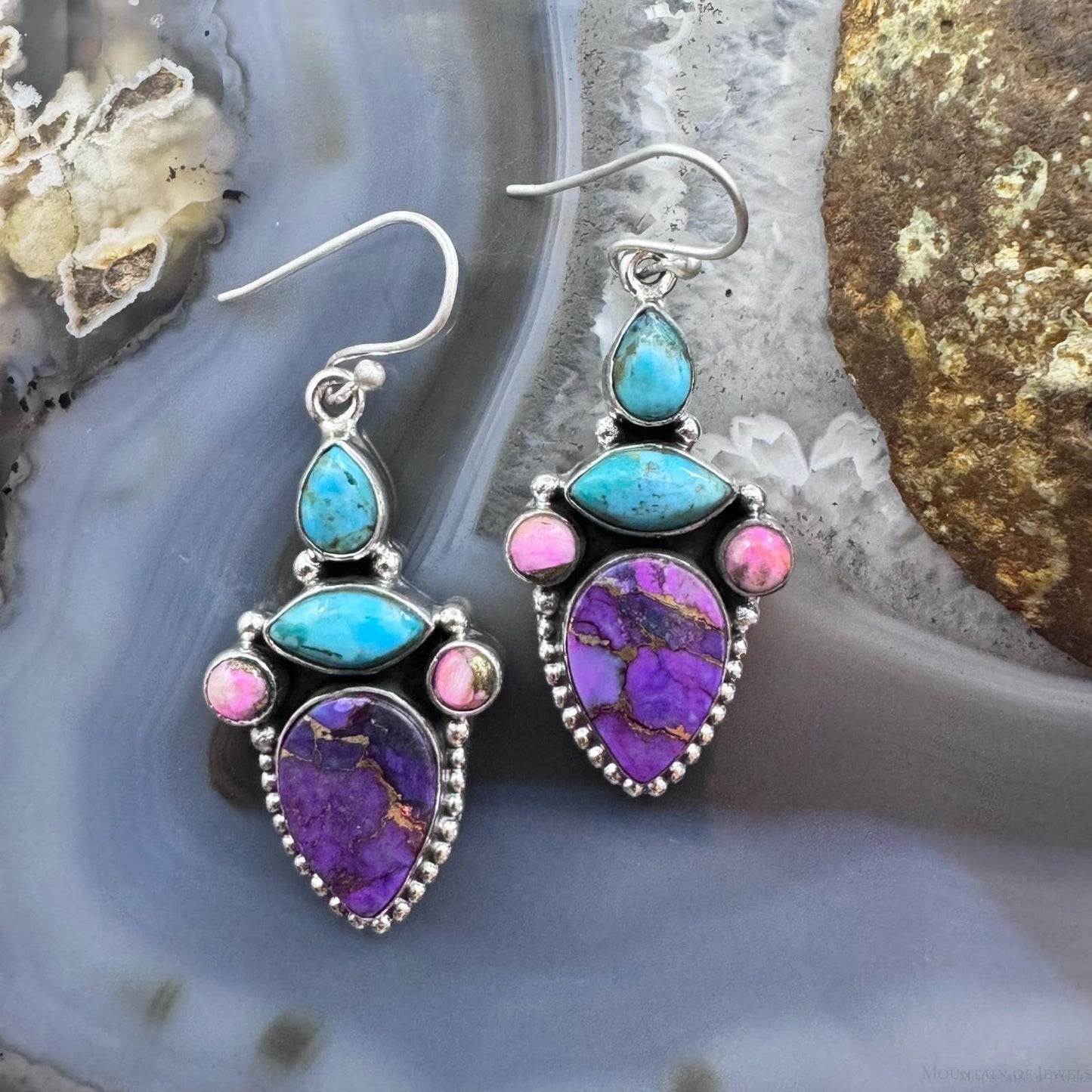 Sterling Silver Southwestern Style Turquoise, Pink & Purple Dahlia Dangle Earrings For Women