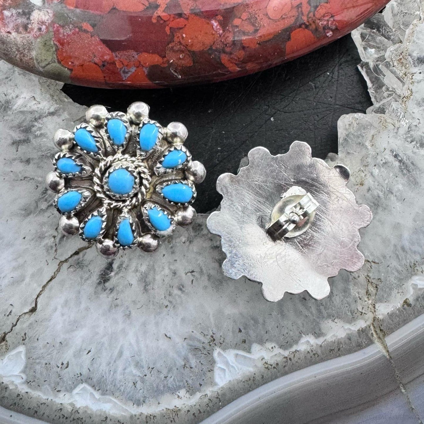 Native American Sterling Silver Turquoise Cluster Stud Earrings For Women