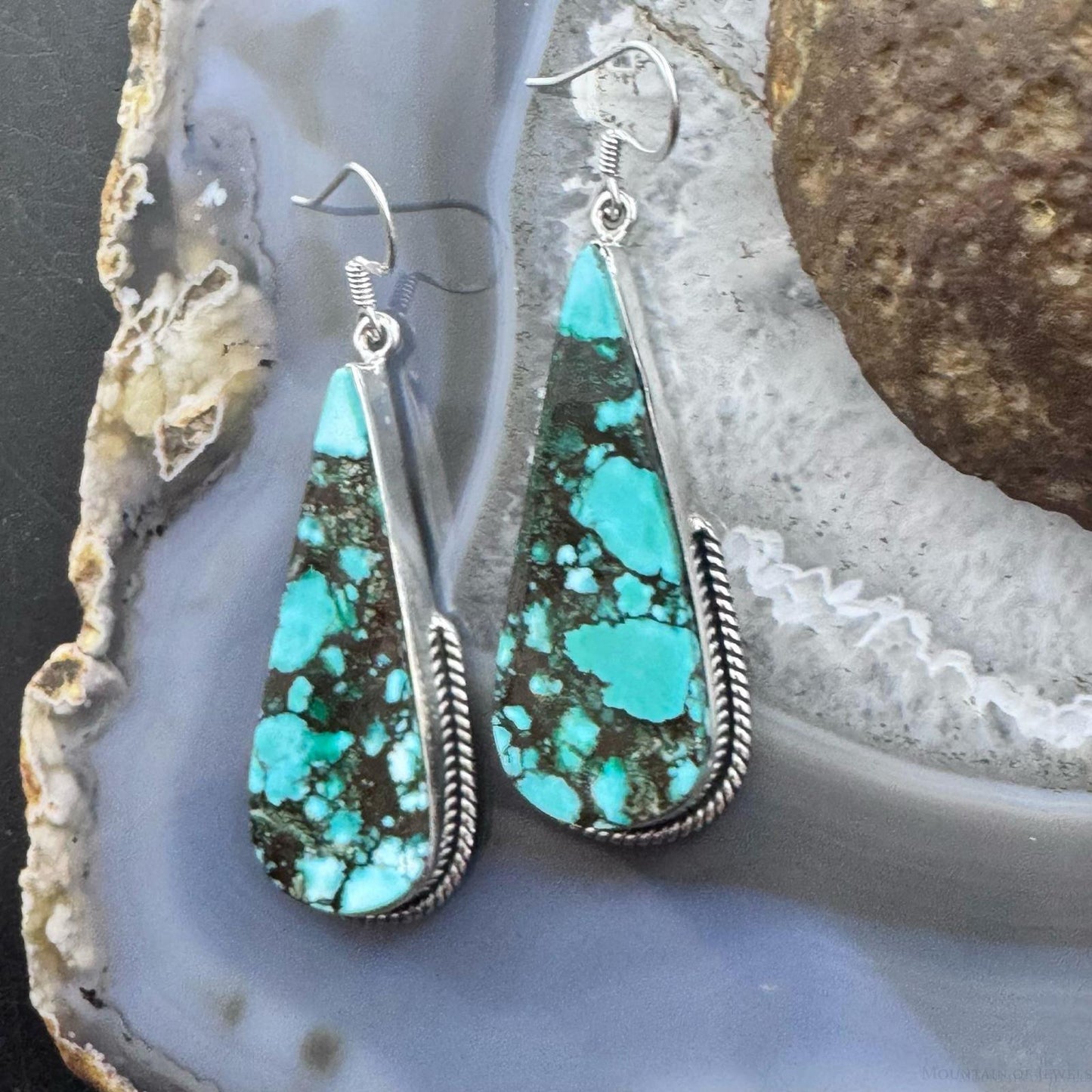 Sterling Silver Southwestern Style Elongated Teardrop Green Turquoise Dangle Earrings For Women