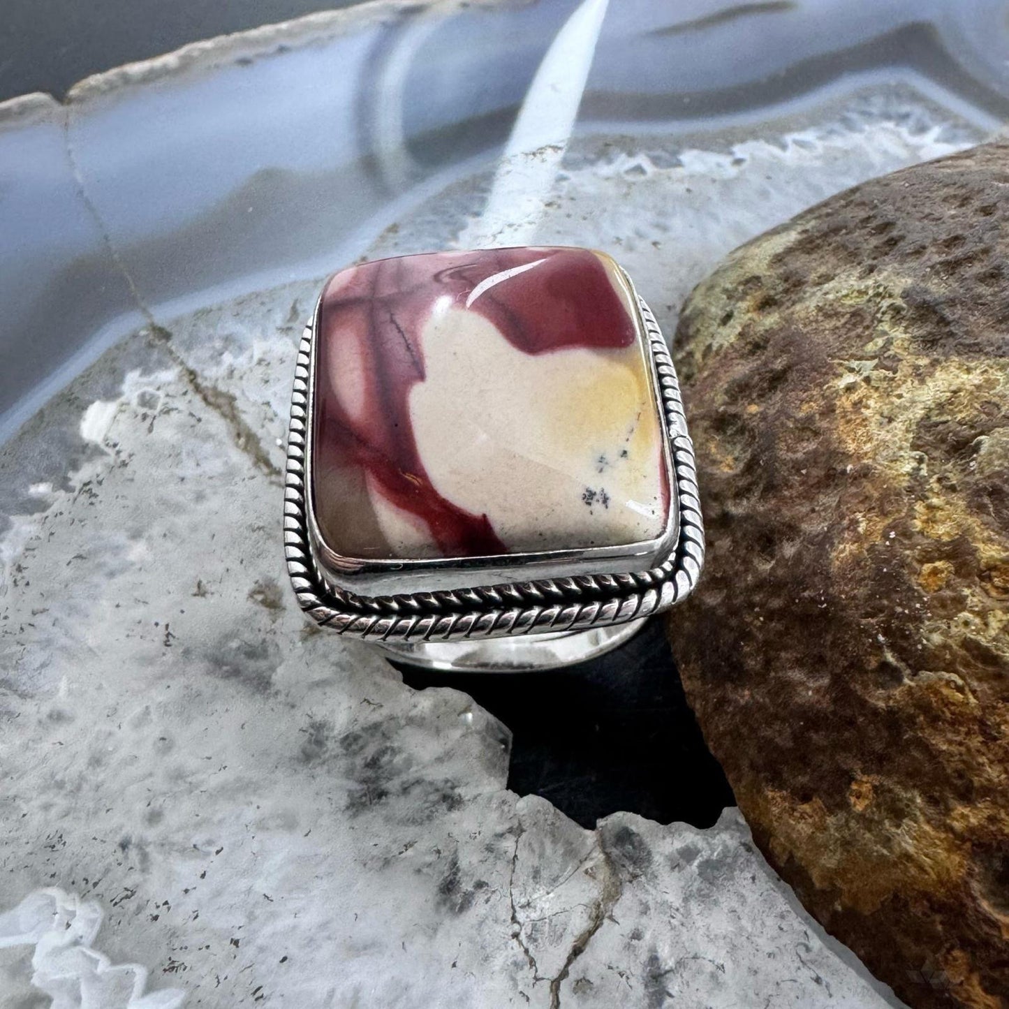 Sterling Silver Southwestern Style Mookaite Jasper Decorated Bar Ring Size 7.75 For Women