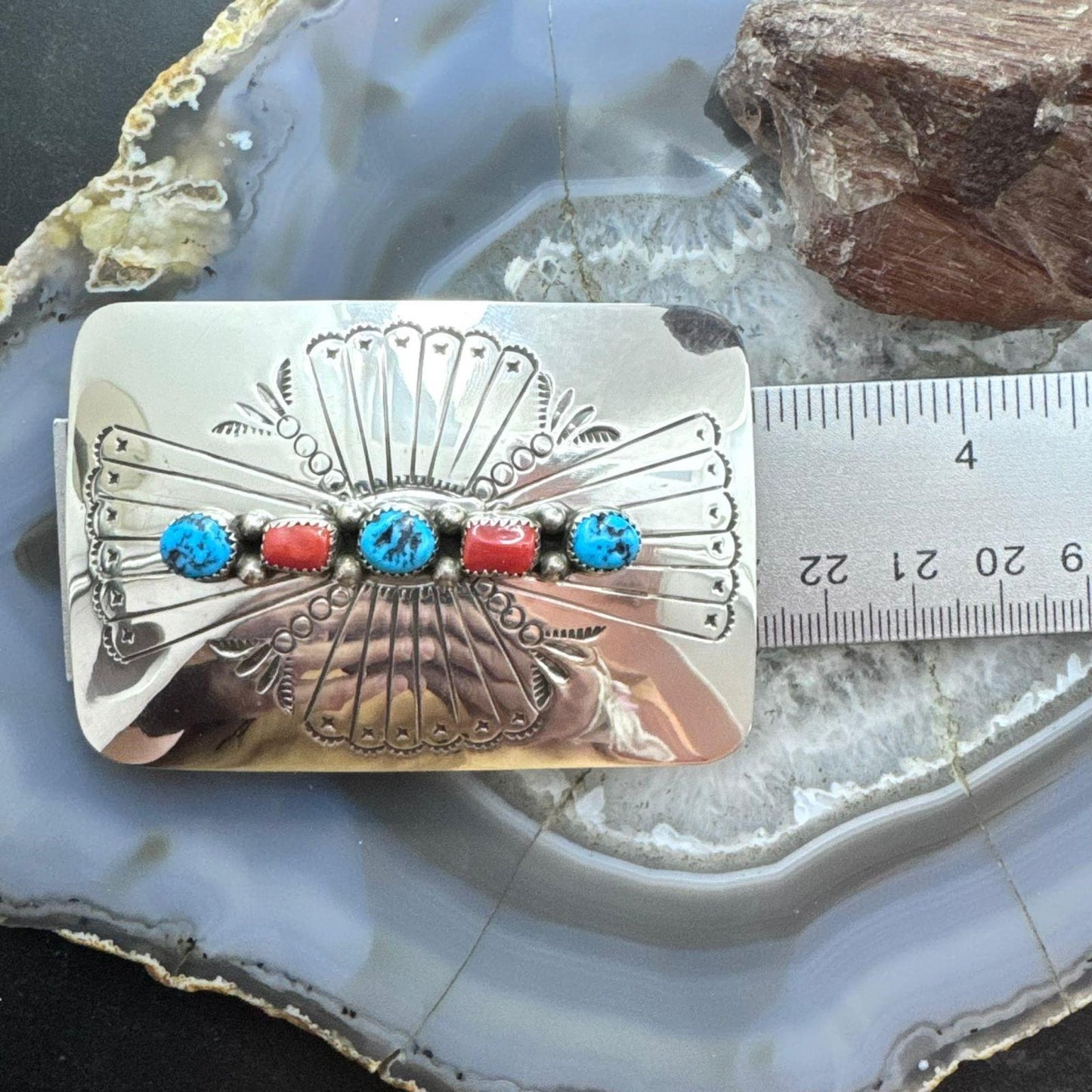 Joann Begay Native American Sterling Silver Turquoise & Coral Stamped Belt Buckle For Men