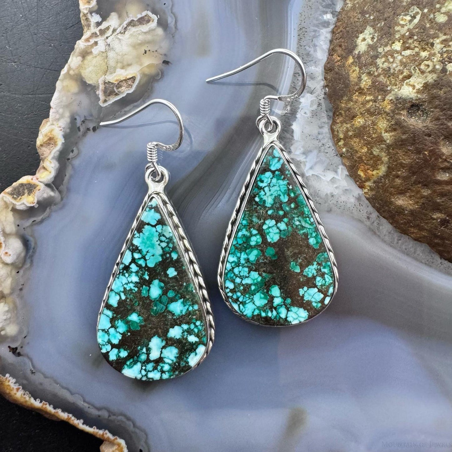 Sterling Silver Southwestern Style Teardrop Turquoise Dangle Earrings For Women