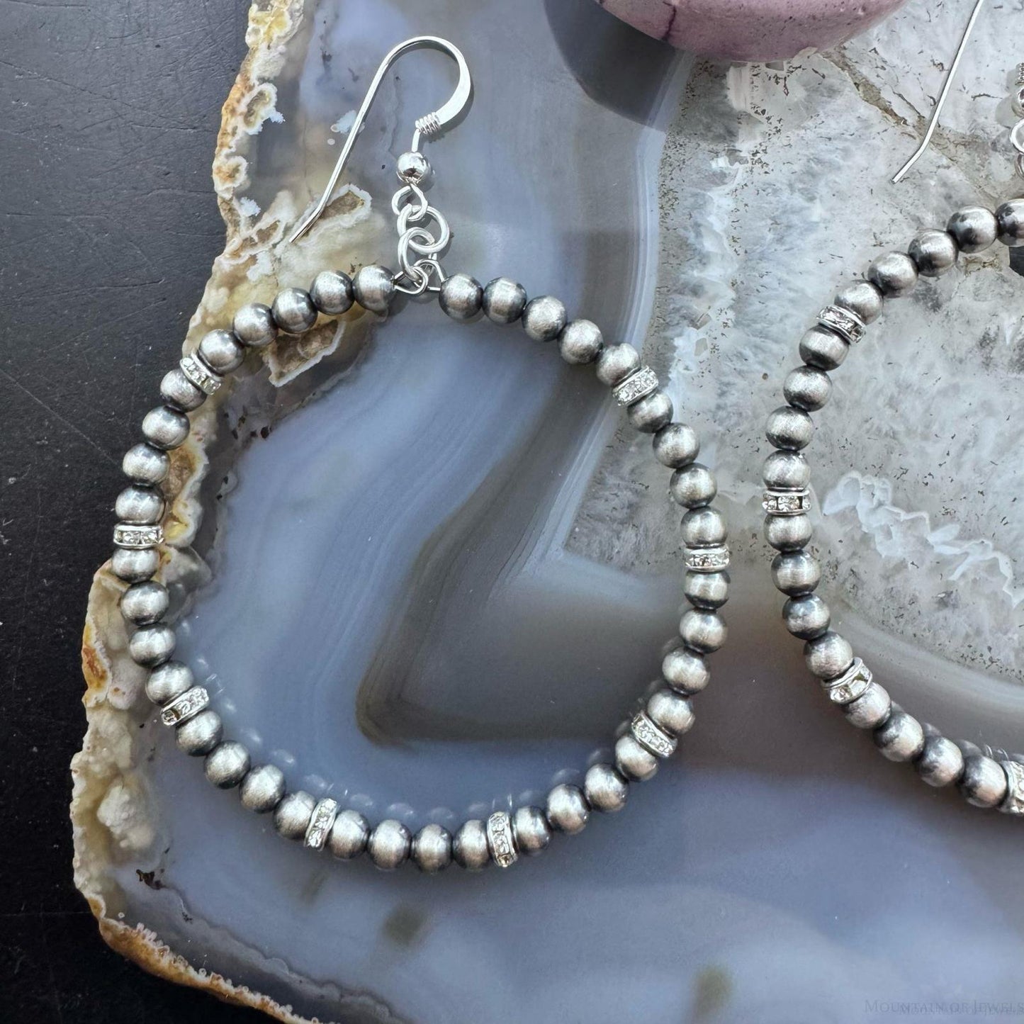 Native American Sterling Silver Navajo Pearl and CZ Hoop Dangle Earrings For Women