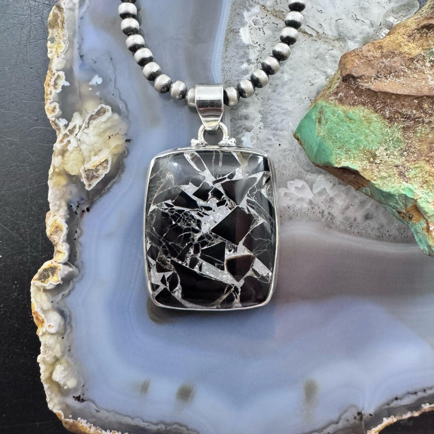 Sterling Silver Southwestern Style Rectangle Mohave Zinc Black Onyx Pendant For Women