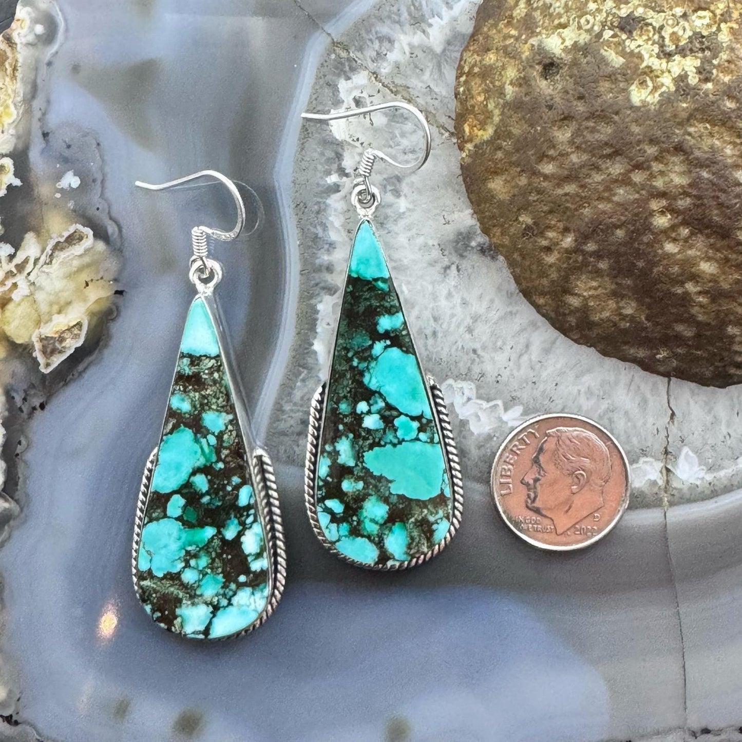 Sterling Silver Southwestern Style Elongated Teardrop Green Turquoise Dangle Earrings For Women