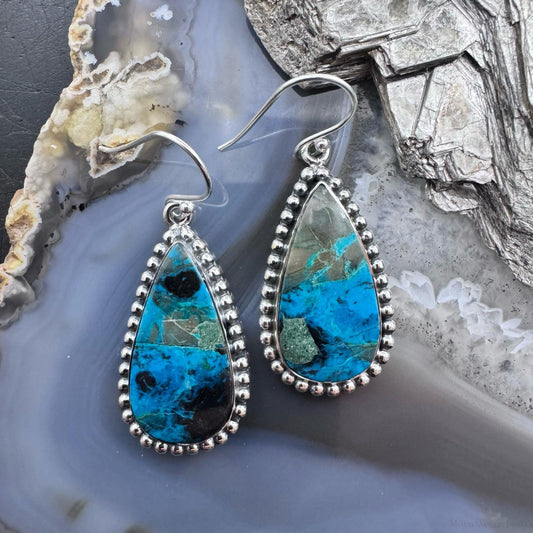 Sterling Silver Southwestern Style Teardrop Shattuckite Dangle Earrings For Women