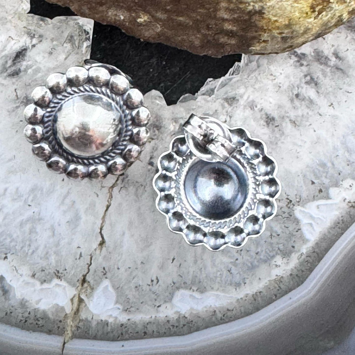 Native American Sterling Silver Stamped Rounded Concho Repousse Post Earrings