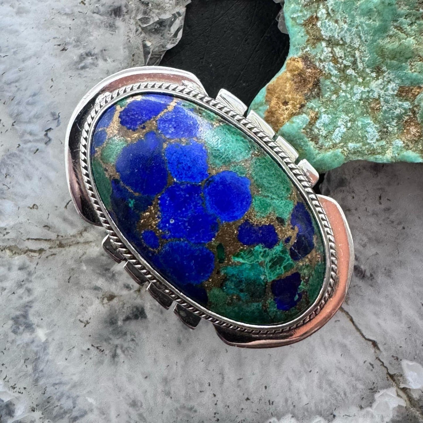 Sterling Silver Southwestern Style Oval Malachite Azurite Ring Size 7 For Women