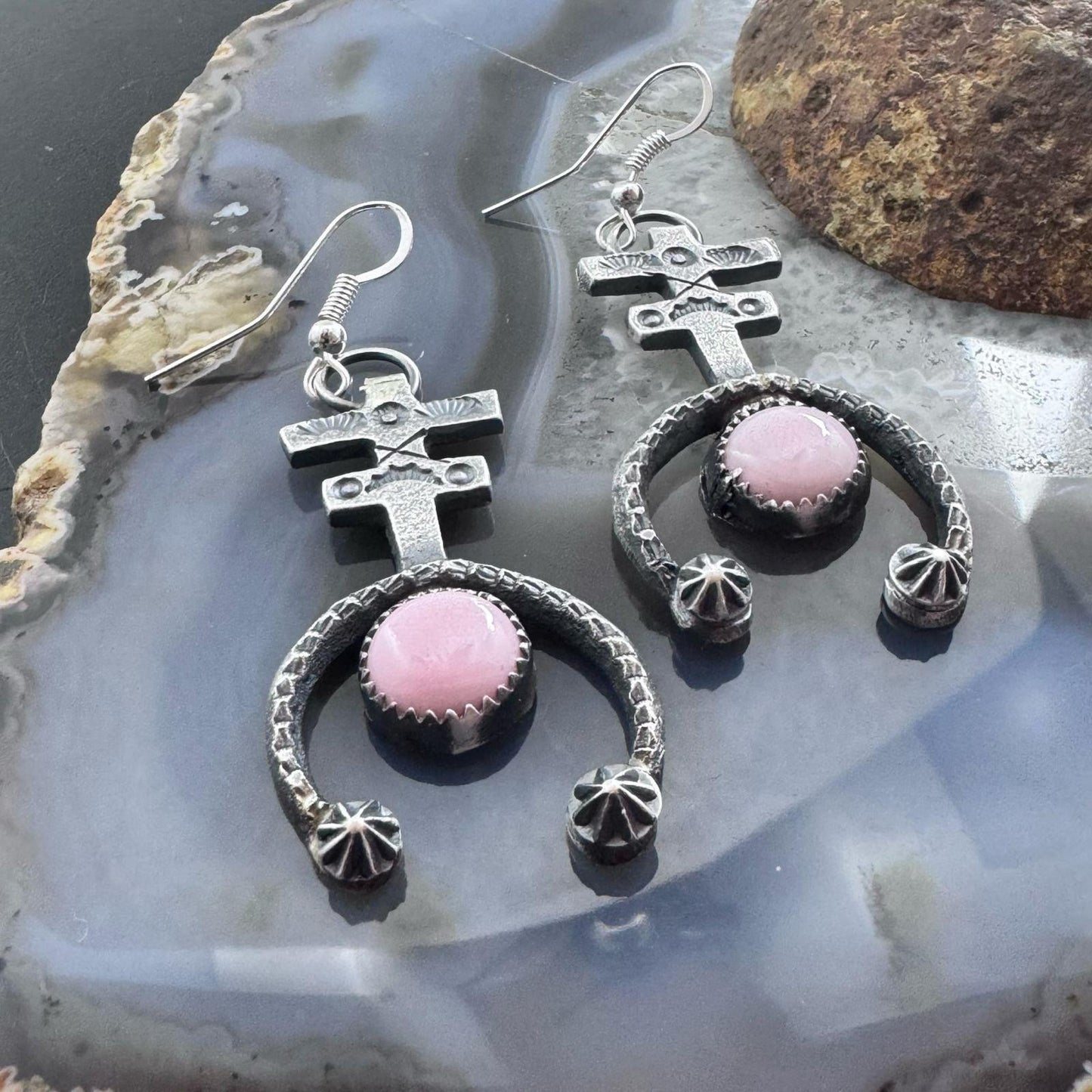 Eva & Linberg Billah Sterling Silver Sandcast Pink Conch Cross Dangle Earrings For Women