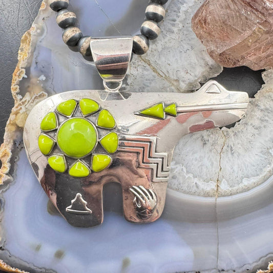 Vintage Native American Signed Sterling Silver Gaspite Fetish Bear Unisex Pendant