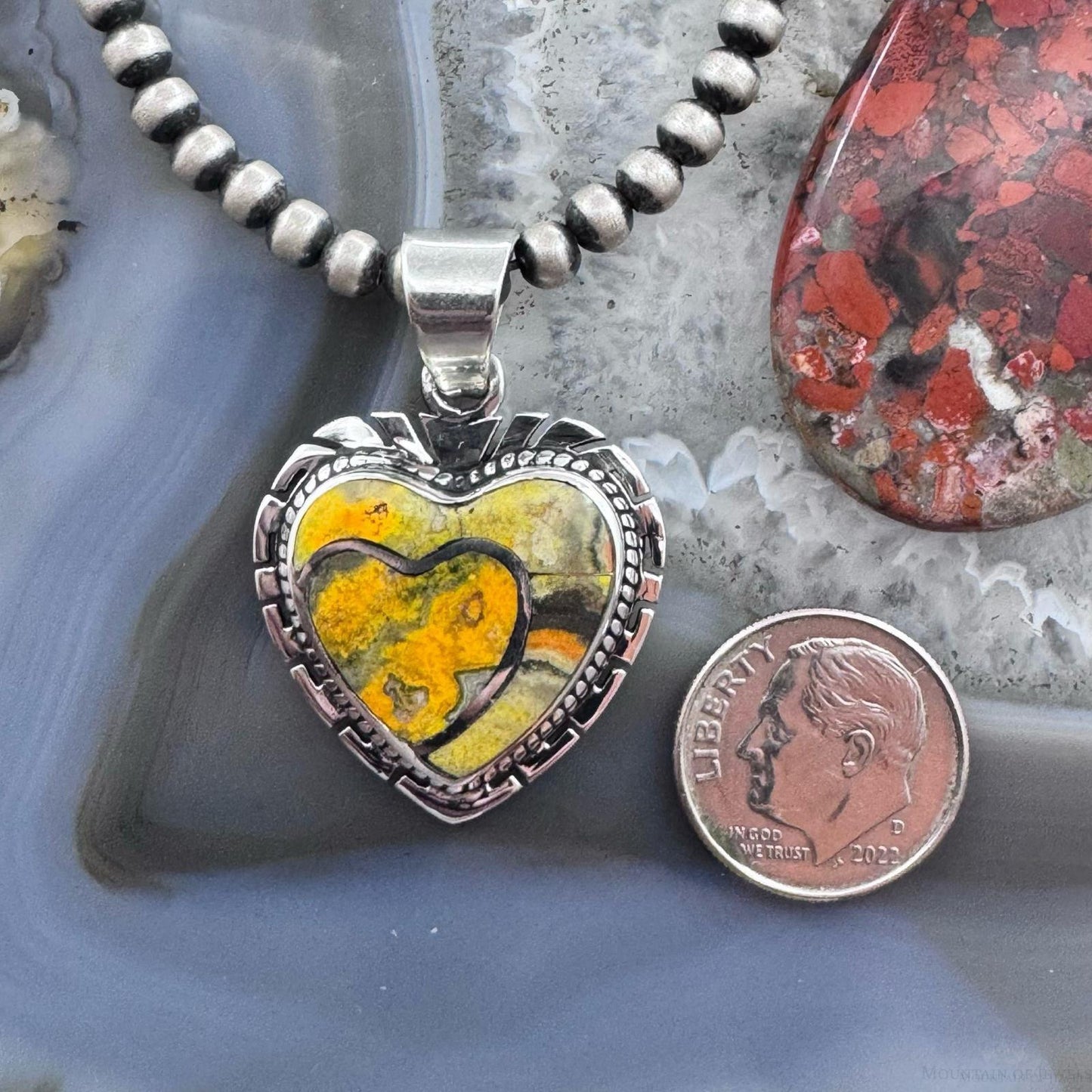 Native American Sterling Silver Bumblebee Jasper Decorated Double Heart Pendant For Women