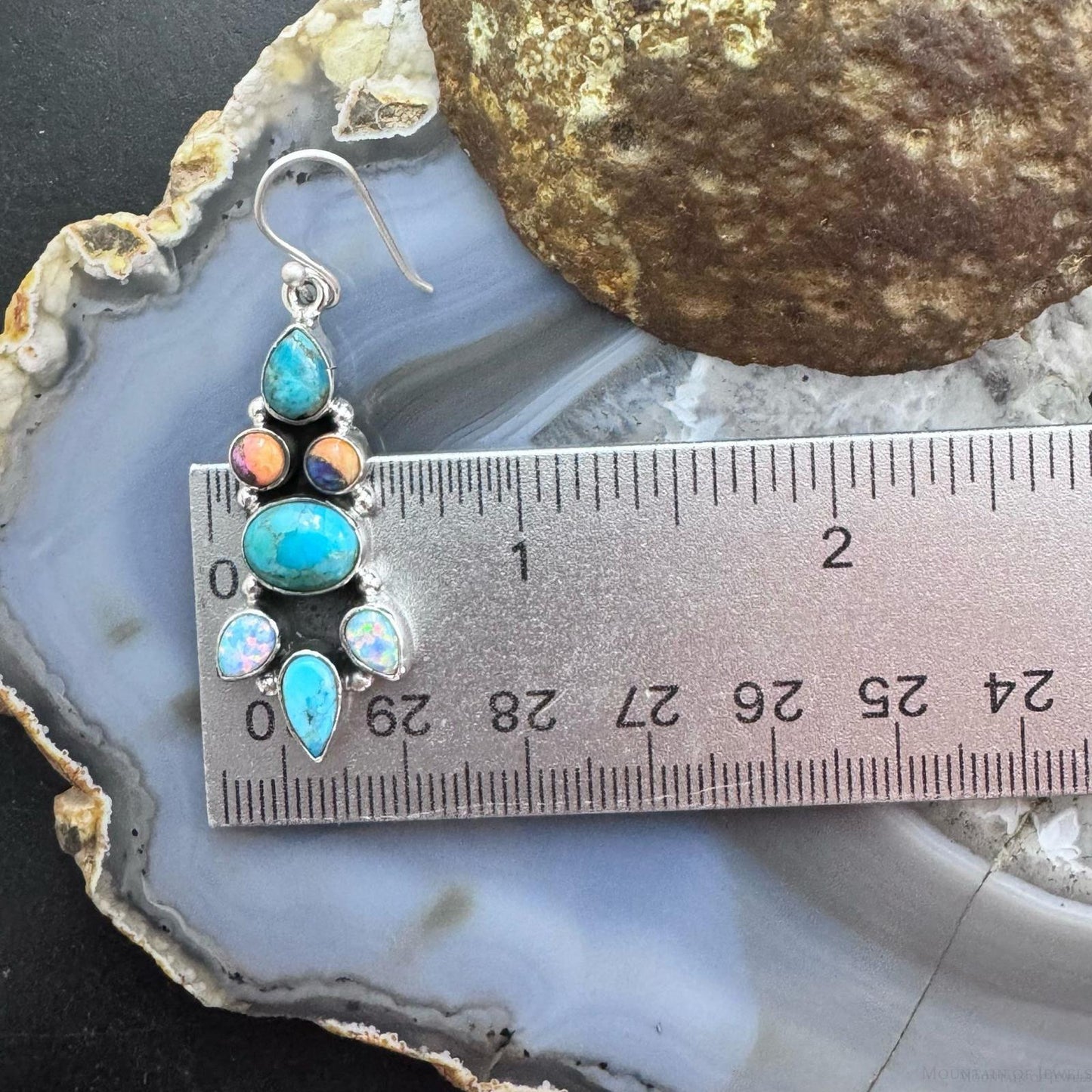 Sterling Silver Southwestern  Style Turquoise, Opal, Pink Dahlia Dangle Earrings For Women