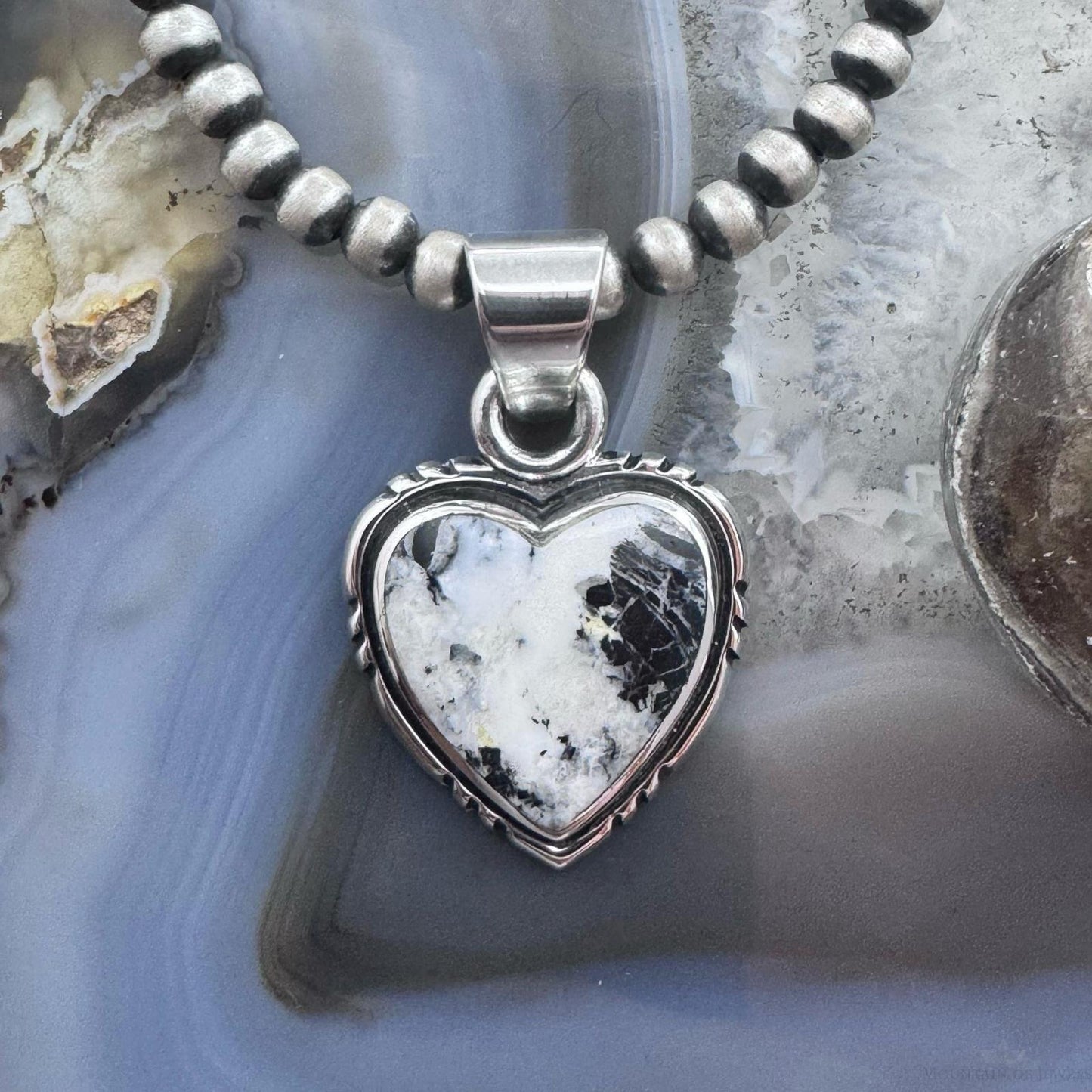Native American Sterling Silver White Buffalo Decorated Heart Pendant For Women