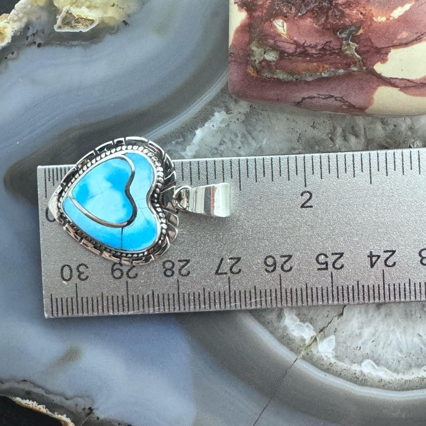 Native American Sterling Silver Blue Ridge Turquoise Decorated Double Heart Pendant For Women