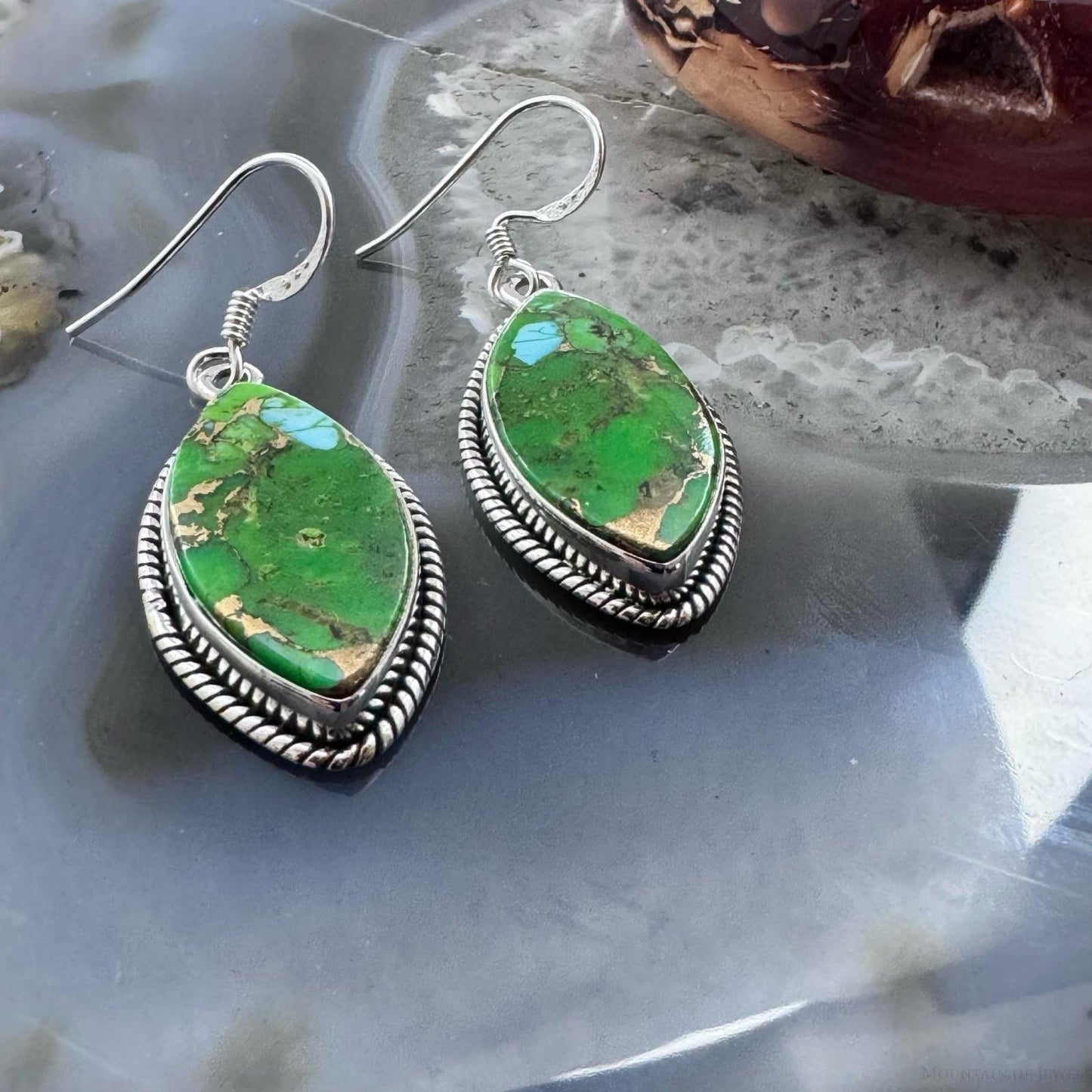 Sterling Silver Southwestern Style Marquise Green Cooper Turquoise Dangle Earrings For Women