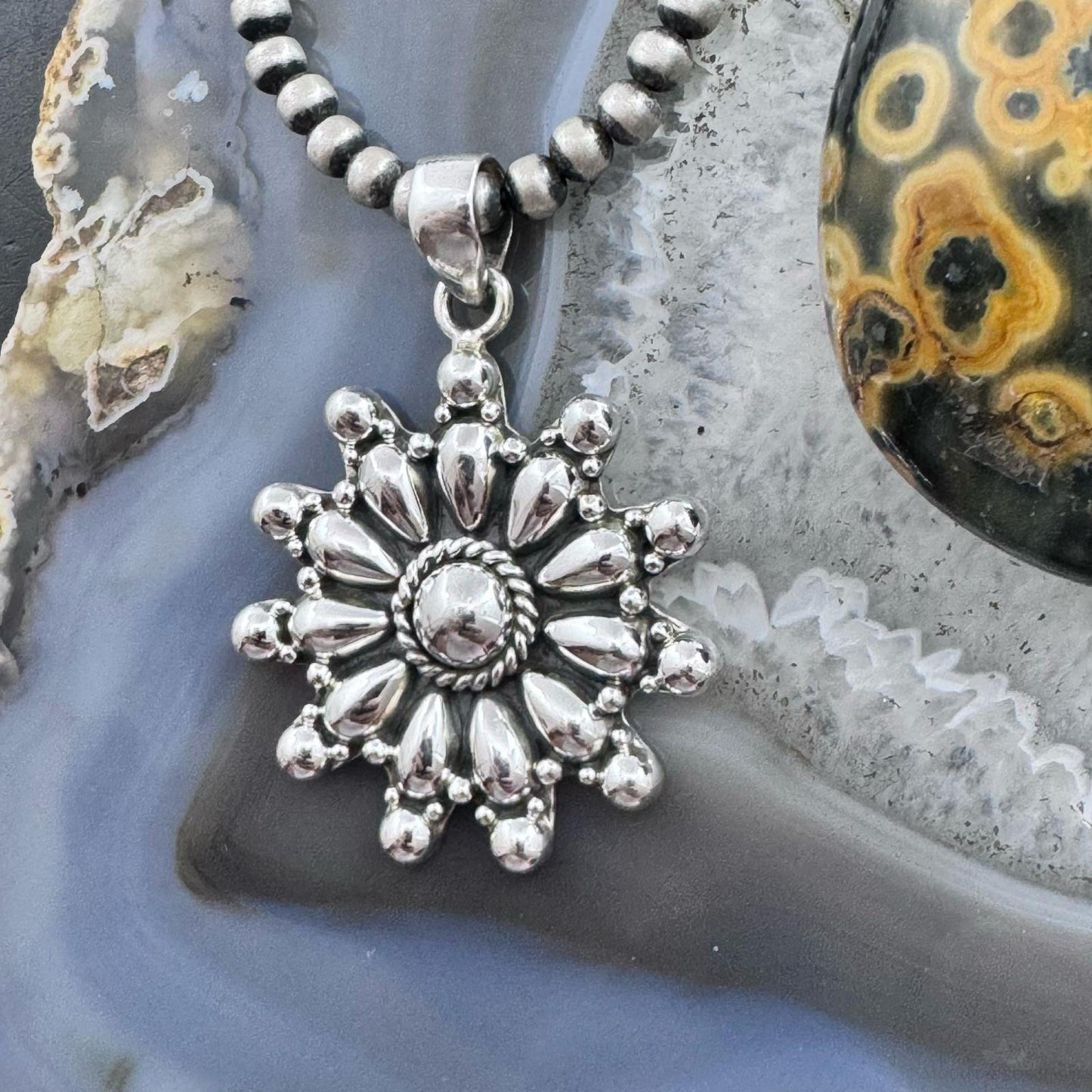 Sterling Silver Southwestern Style Decorated Cluster Floral Pendant For Women