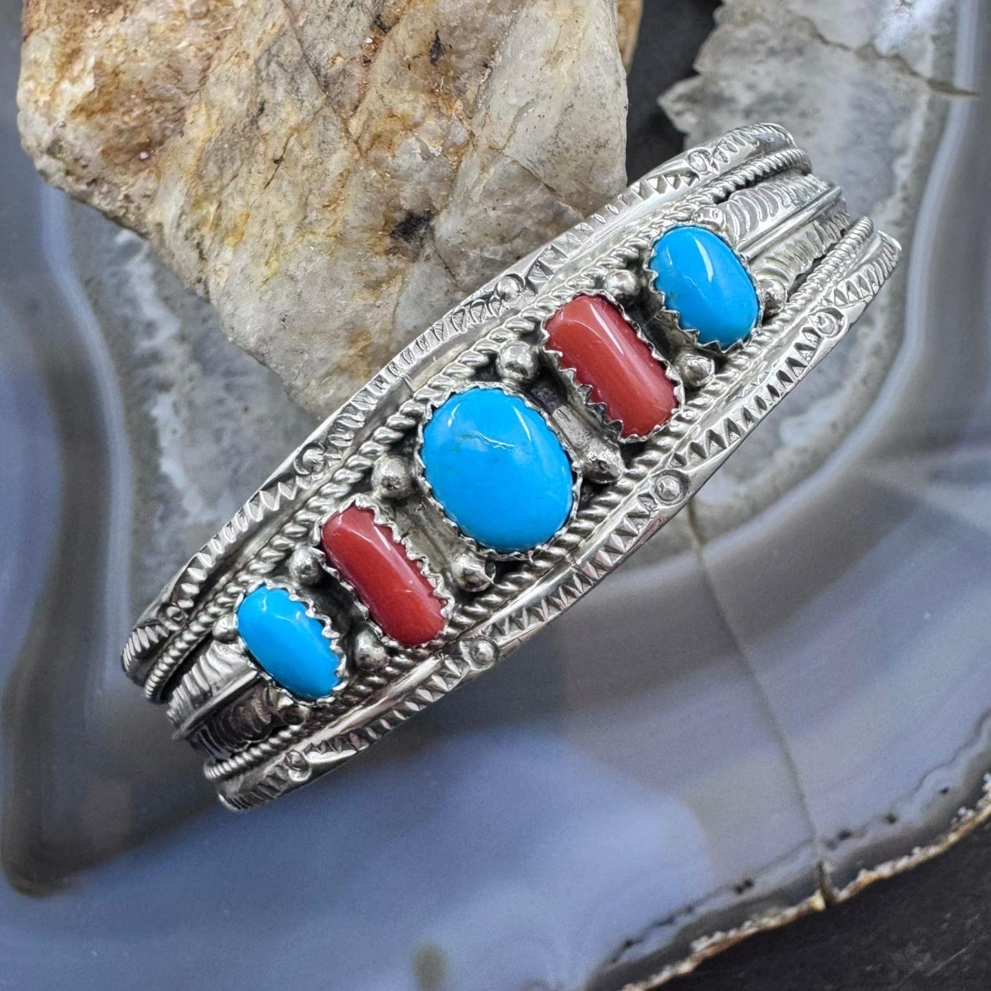 Signed Sterling Silver Native American Turquoise & Coral Row Bracelet For Women