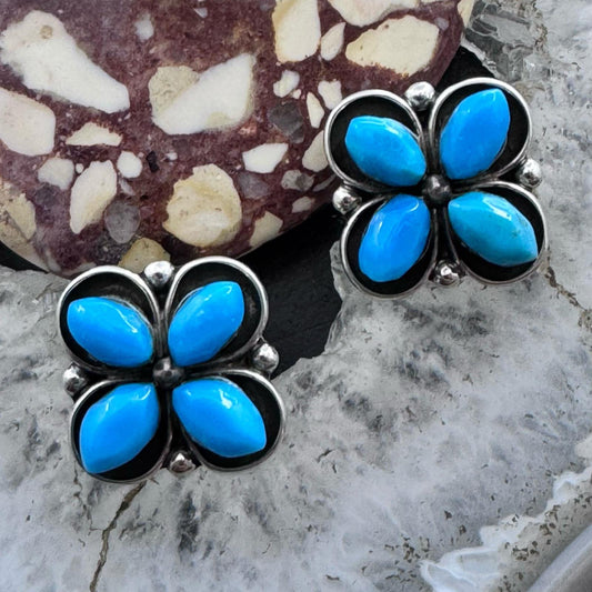 Native American Sterling Silver 4 Turquoise Floral Stud Earrings For Women