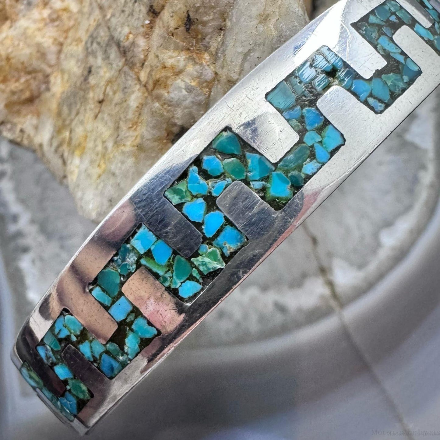 Vintage Native American Sterling Silver Chip inlay Turquoise Bracelet For Women