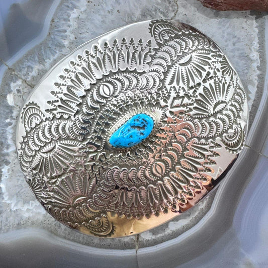 Native American Sterling Silver Turquoise Stamped Oval Belt Buckle For Men