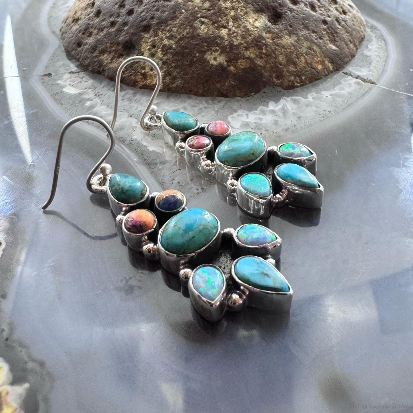 Sterling Silver Southwestern  Style Turquoise, Opal, Pink Dahlia Dangle Earrings For Women