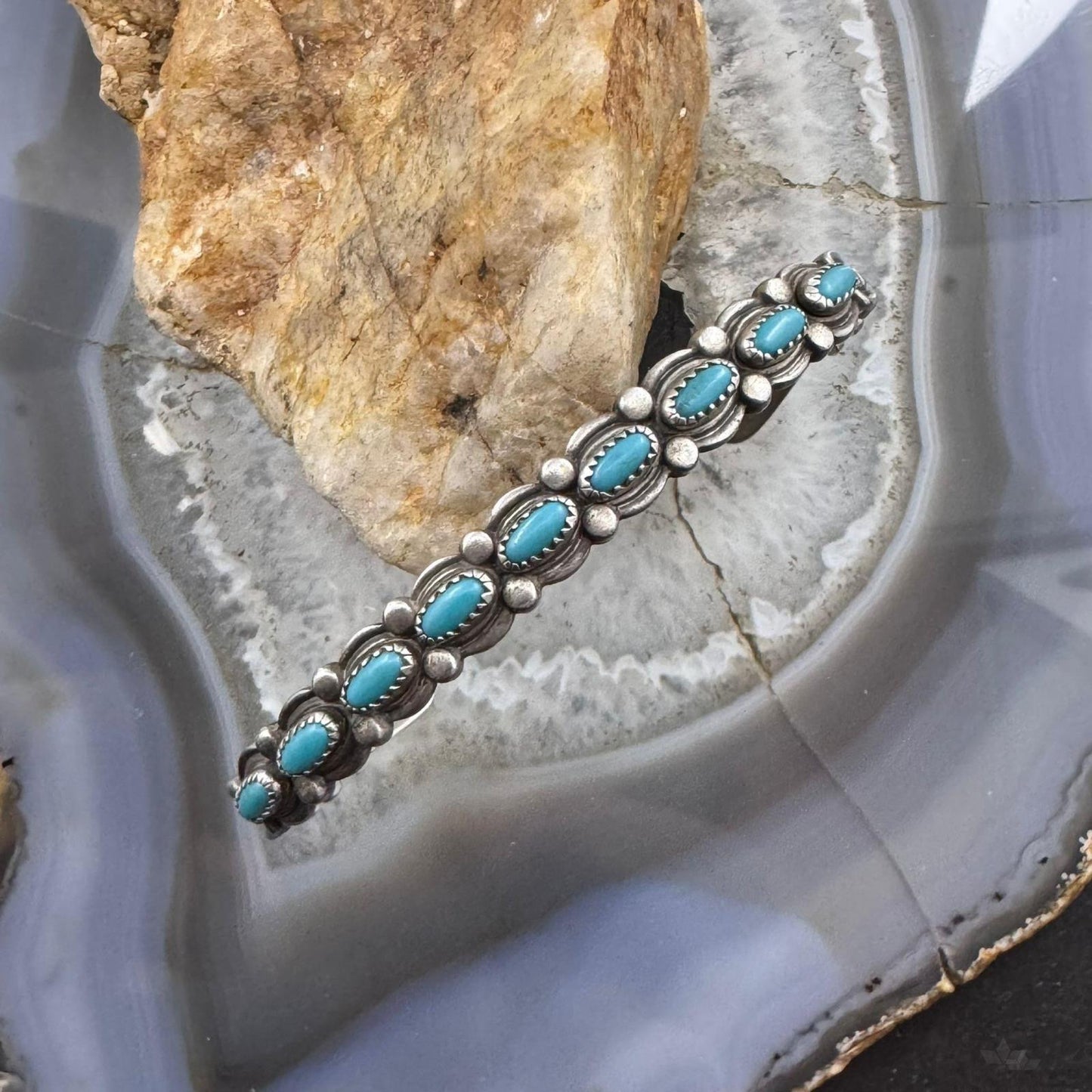 Vintage Native American Sterling Silver Turquoise Row Bracelet For Women