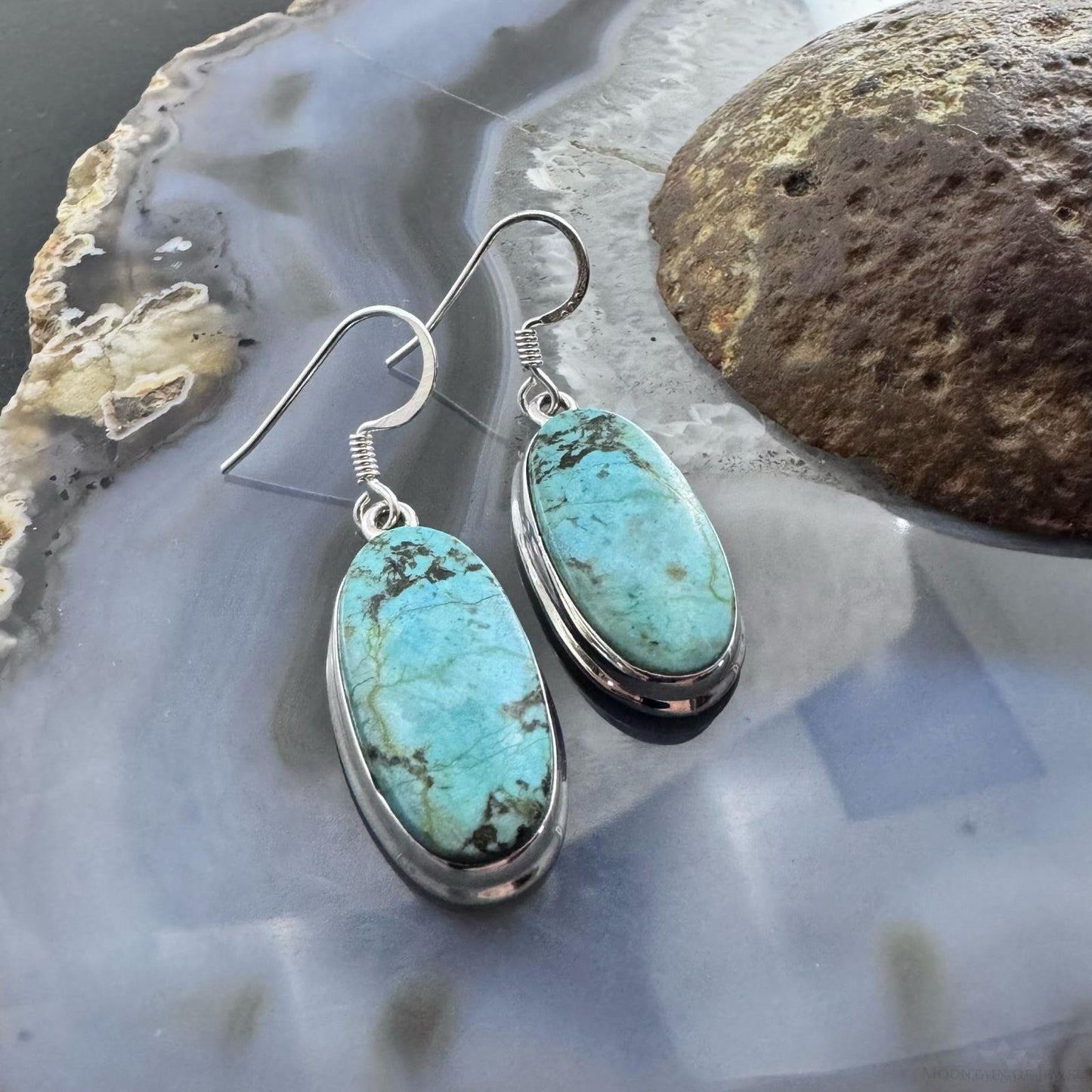 Sterling Silver Southwestern Style Oval Turquoise Dangle Earrings For Women