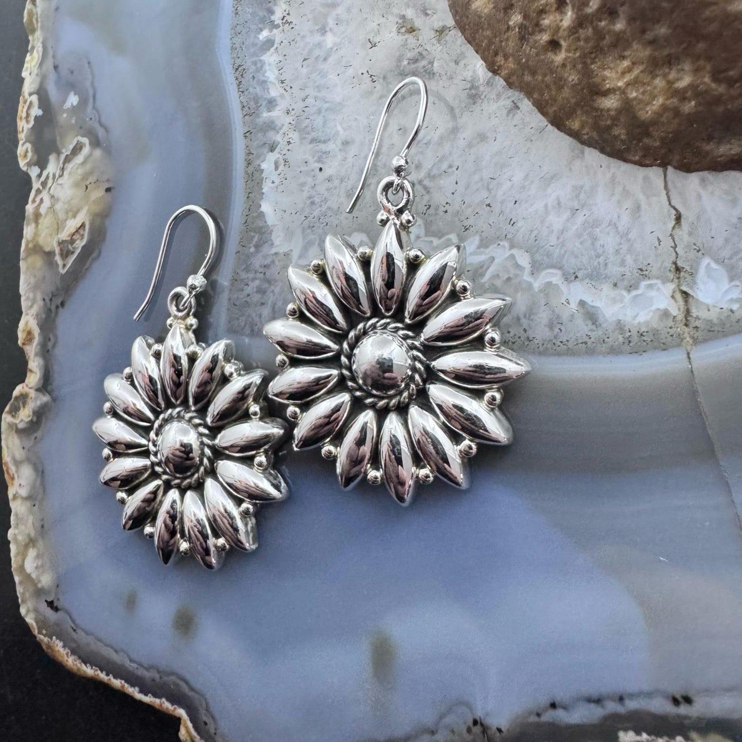 Sterling Silver Southwestern Style Decorated Flower Silver Dangle Earrings For Women