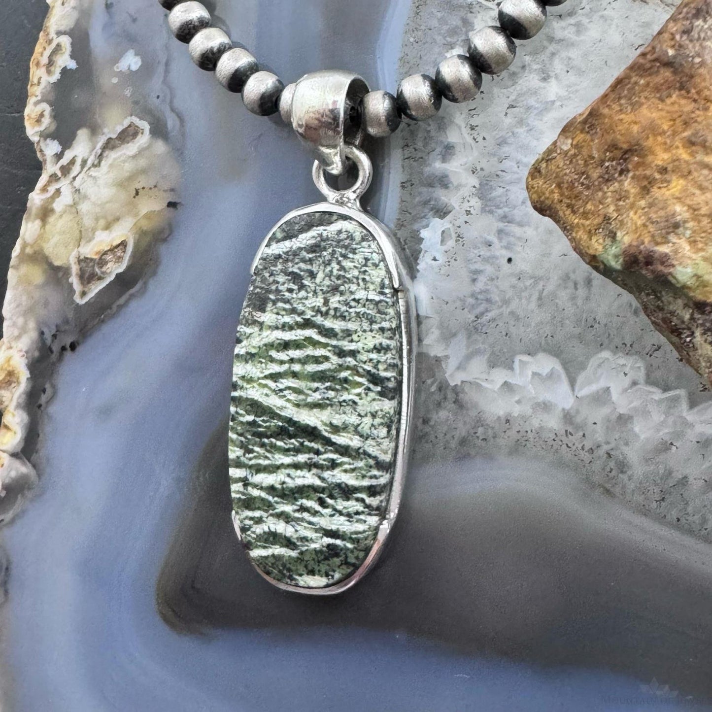 Sterling Silver Southwestern Style Oblong Oval Green Serpentine Pendant For Women