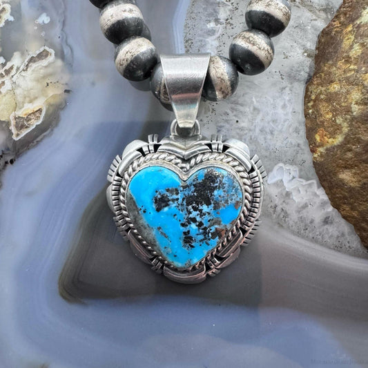 Larry Moses Yazzie Vintage Sterling Silver Copper Blue Turquoise Heart Pendant For Women