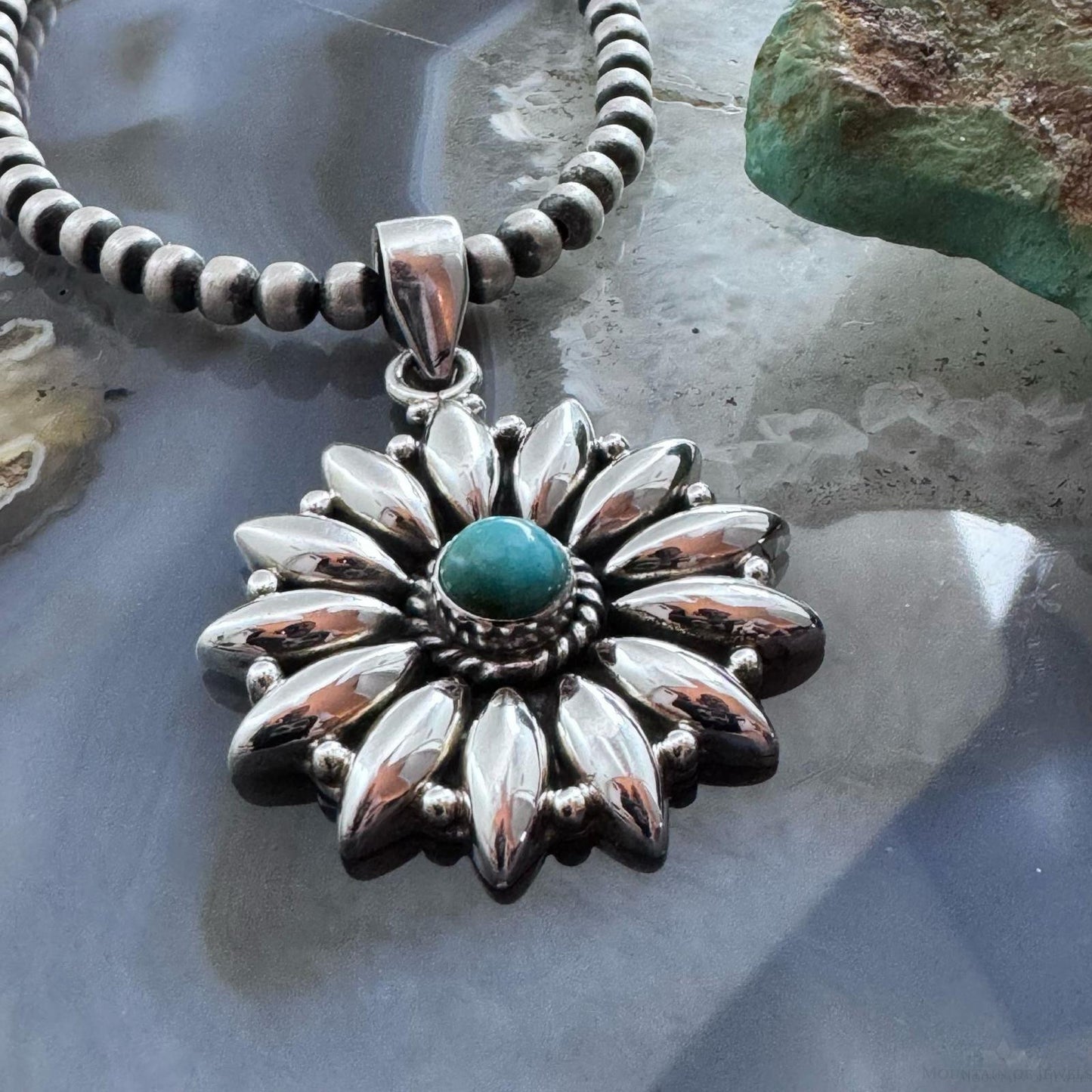 Sterling Silver Southwestern Style Rounded Turquoise Pendant Cluster For Women