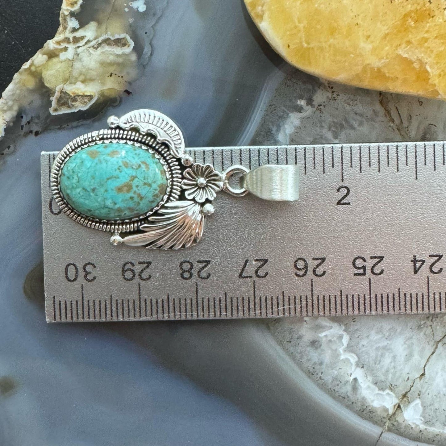 Sterling Silver Southwestern Style Oval Turquoise Leaves Decorated Pendant For Women