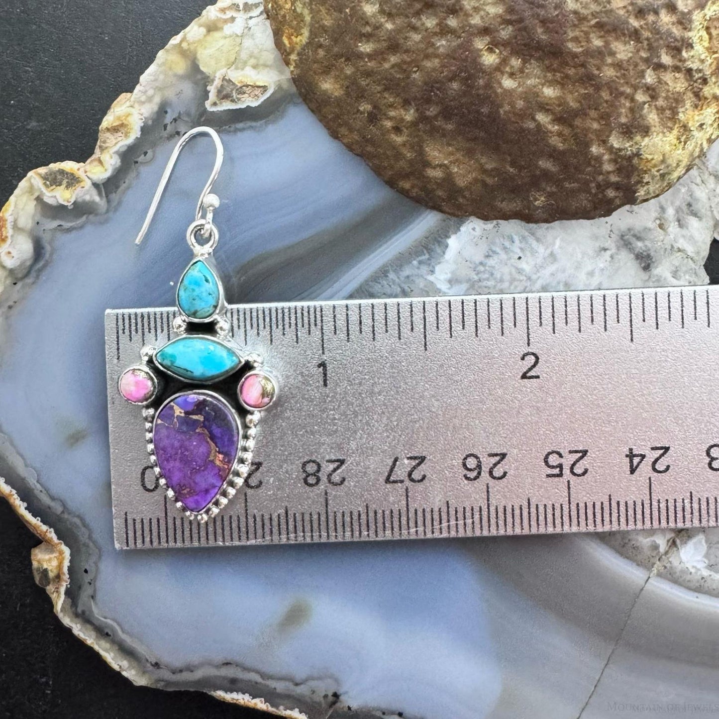 Sterling Silver Southwestern Style Turquoise, Pink & Purple Dahlia Dangle Earrings For Women