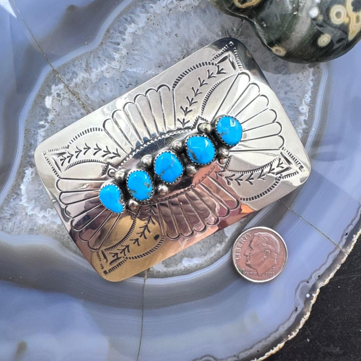 Sterling Silver Native American Turquoise Stamped Belt Buckle For Men