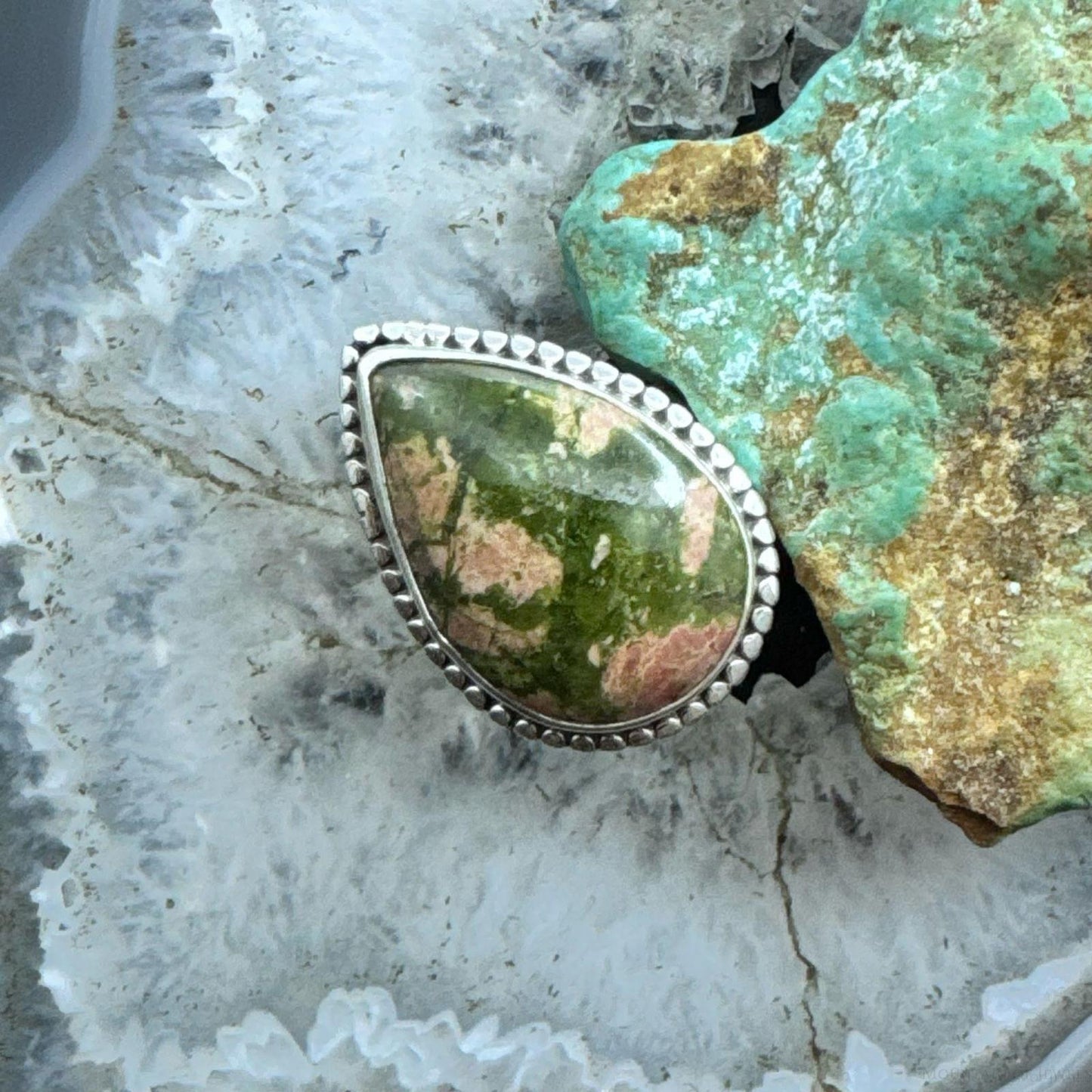 Sterling Silver Southwestern Style Teardrop Unakite Jasper Decorated Ring Size 8 For Women