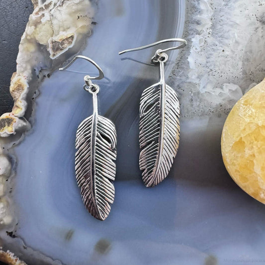 Sterling Silver Southwestern Style Feather Decorated Dangle Earrings For Women