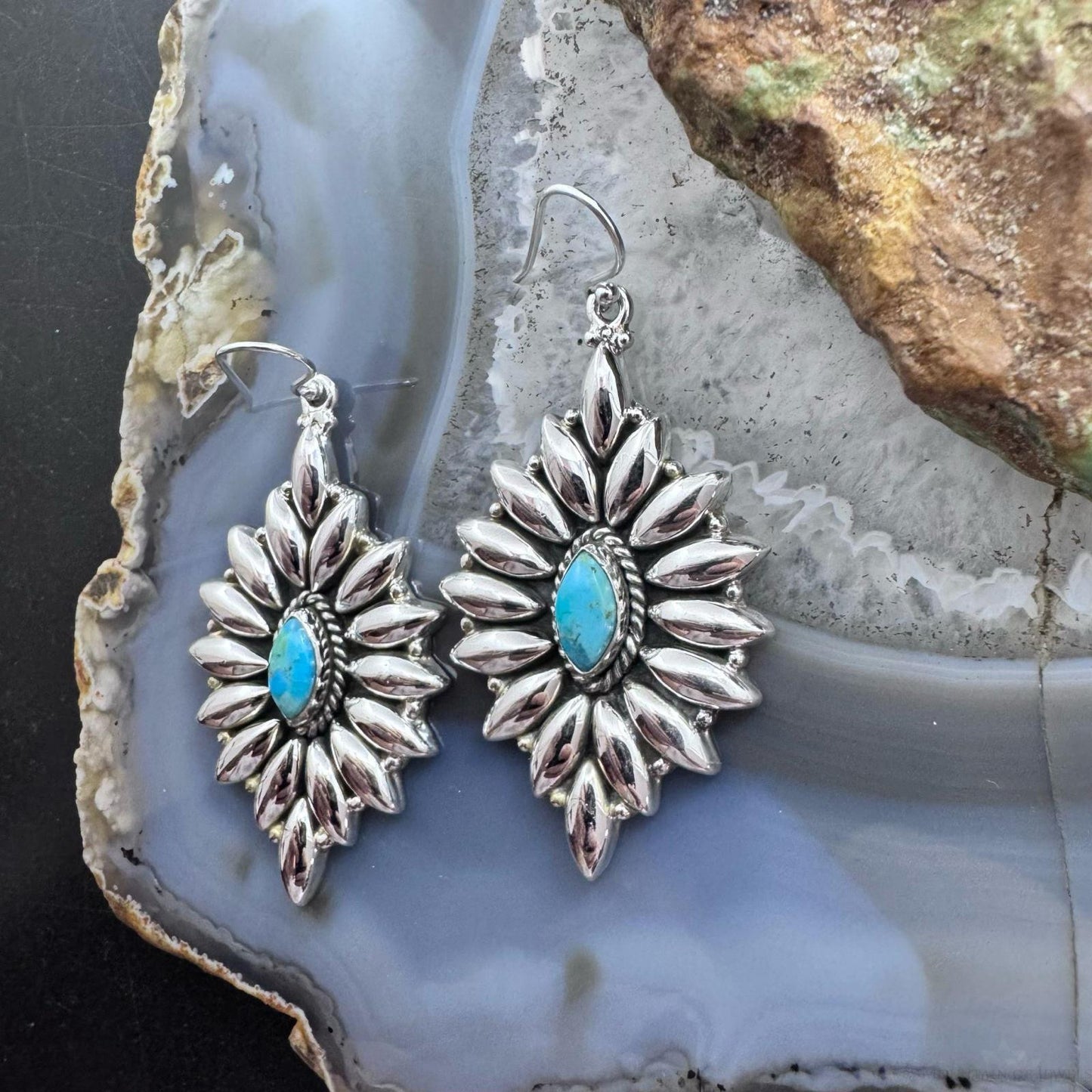 Sterling Southwestern Style Marquis Turquoise Cluster Dangle Earrings For Women