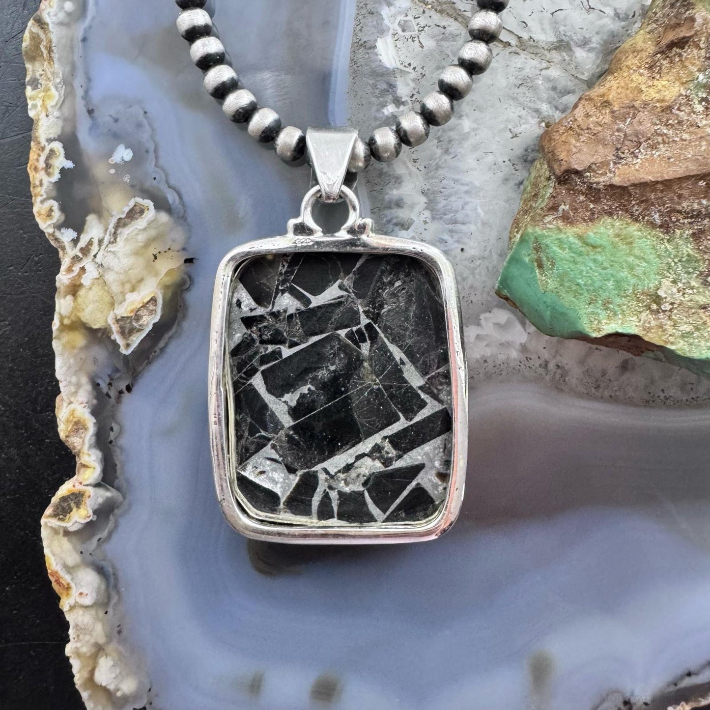 Sterling Silver Southwestern Style Rectangle Mohave Zinc Black Onyx Pendant For Women