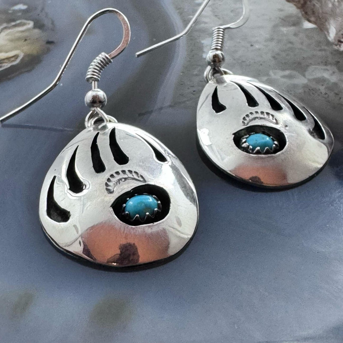 Native American Sterling Silver Bear Claw w/Turquoise Dangle Earrings For Women