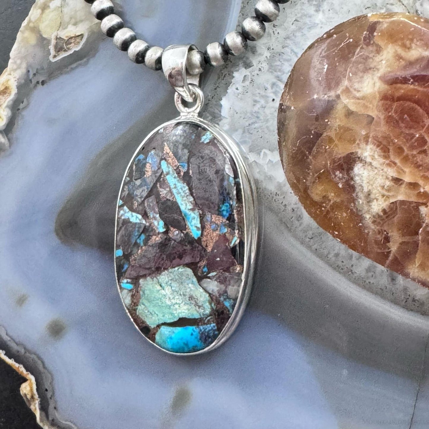 Sterling Silver Southwestern Style Large Oval Copper Turquoise Pendant For Women